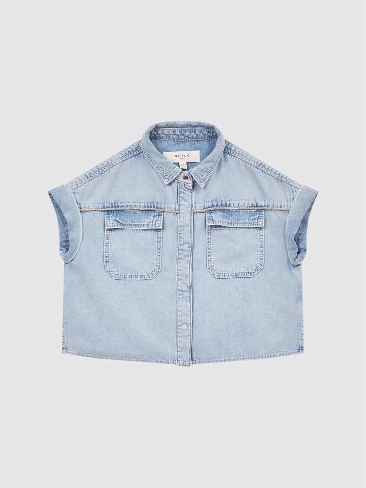 Reiss Mid Blue Sandie Senior Denim Crop Top - Image 2 of 6