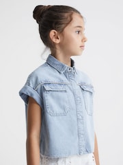 Reiss Mid Blue Sandie Senior Denim Crop Top - Image 3 of 6
