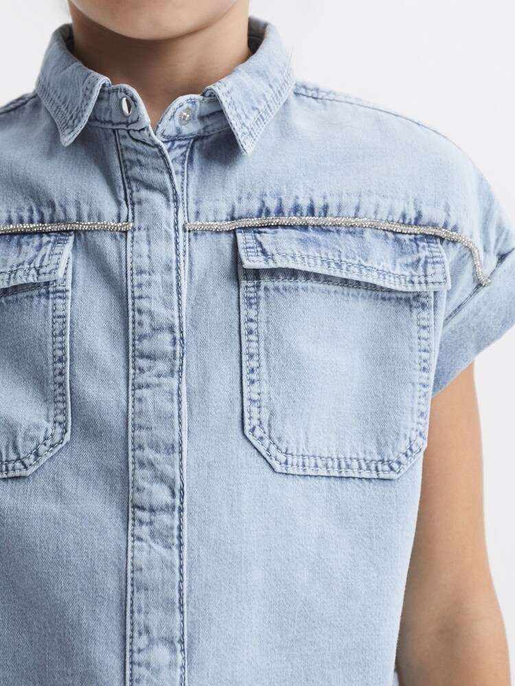 Reiss Mid Blue Sandie Senior Denim Crop Top - Image 4 of 6