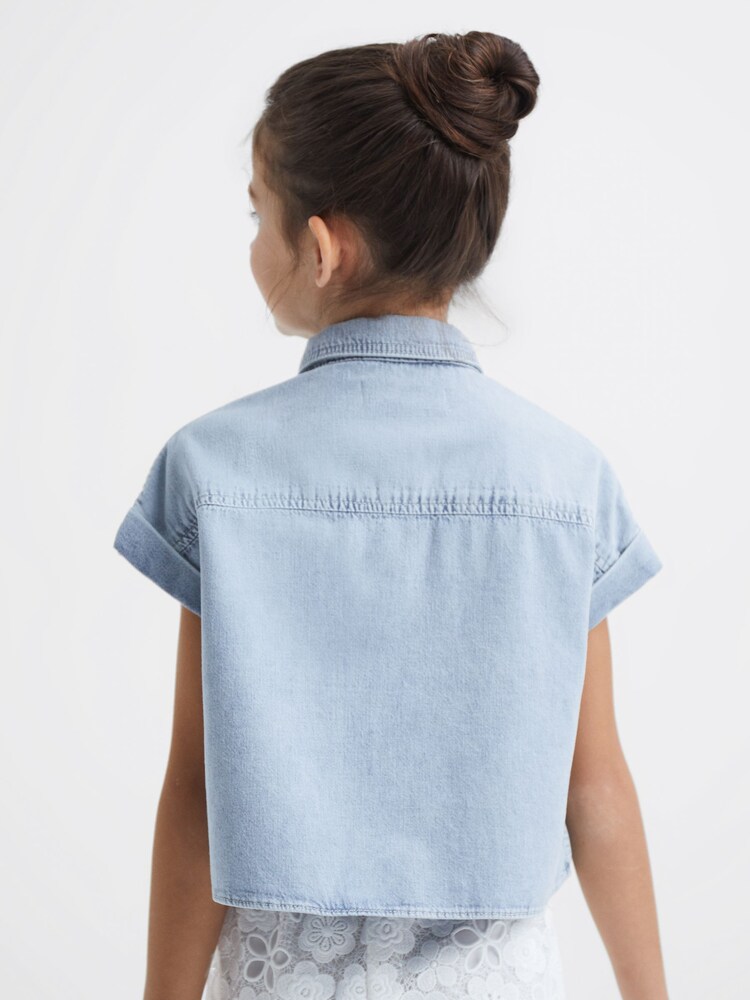 Reiss Mid Blue Sandie Senior Denim Crop Top - Image 5 of 6