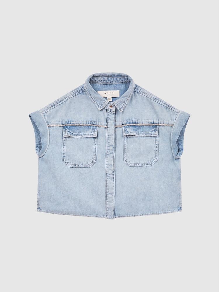 Reiss Mid Blue Sandie Junior Denim Crop Top - Image 2 of 6 Reiss Mid Blue Sandie Junior Denim Crop Top - Image 2 of 6