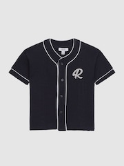 Reiss Navy Jonny Senior Textured Collarless Shirt - Image 2 of 6