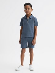 Reiss Airforce Blue Creed Slim Fit Textured Half Zip Polo Shirt - Image 1 of 1