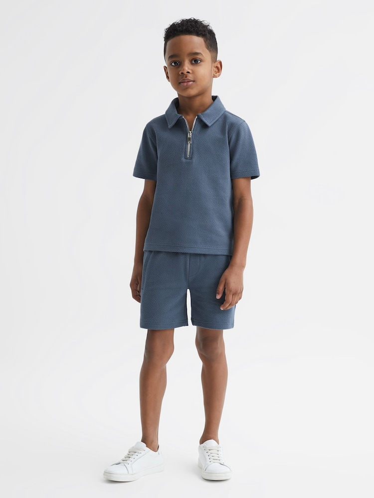 Reiss Airforce Blue Creed Slim Fit Textured Half Zip Polo Shirt - Image 1 of 1