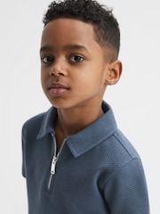 Reiss Airforce Blue Creed Slim Fit Textured Half Zip Polo Shirt - Image 4 of 6
