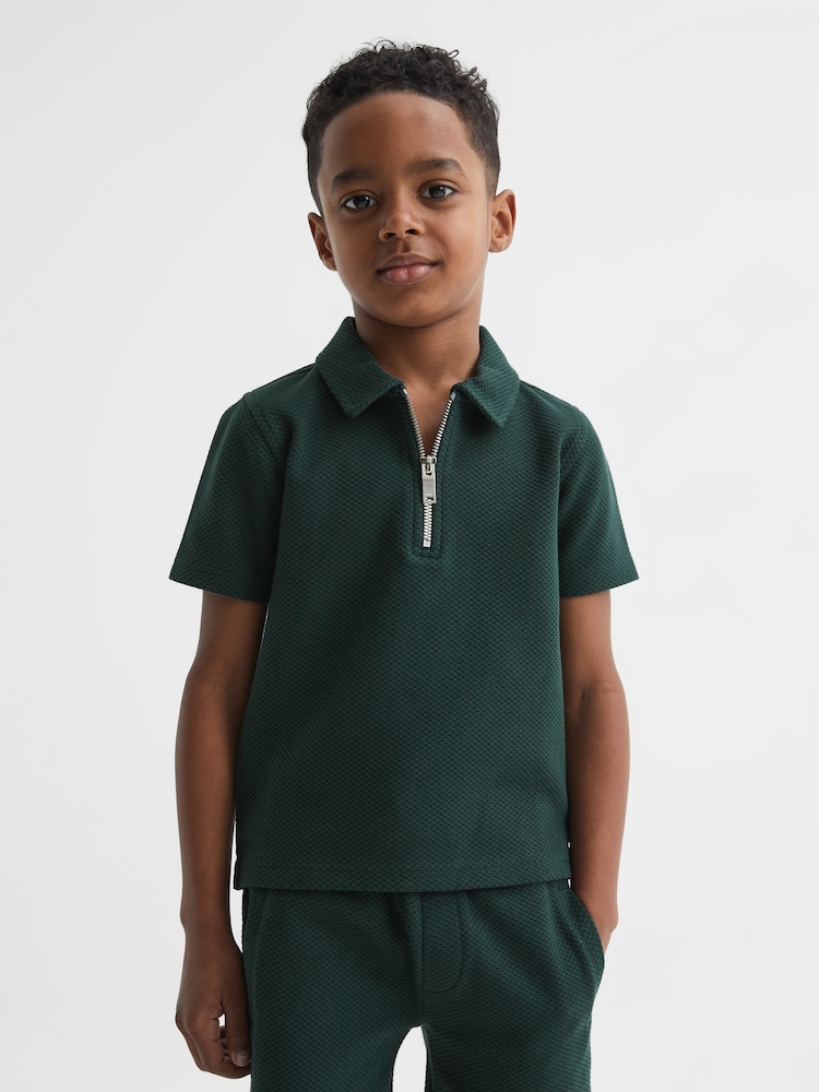 Reiss Emerald Creed Slim Fit Textured Half Zip Polo Shirt - Image 1 of 6