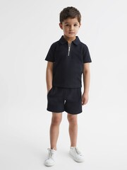Reiss Navy Creed Slim Fit Textured Half Zip Polo Shirt - Image 1 of 6