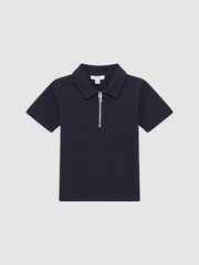 Reiss Navy Creed Slim Fit Textured Half Zip Polo Shirt - Image 2 of 6