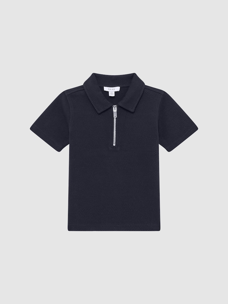 Reiss Navy Creed Slim Fit Textured Half Zip Polo Shirt - Image 2 of 6