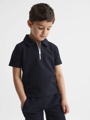 Reiss Navy Creed Slim Fit Textured Half Zip Polo Shirt - Image 3 of 6