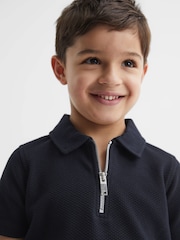 Reiss Navy Creed Slim Fit Textured Half Zip Polo Shirt - Image 4 of 6