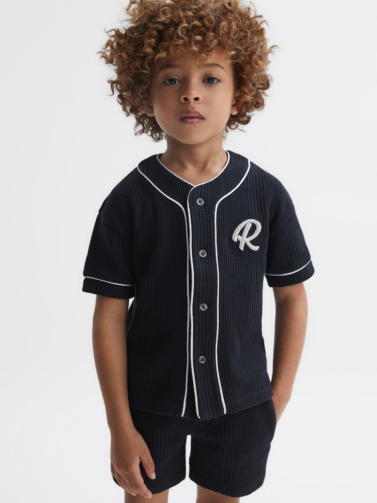 Reiss Navy Jonny Junior Textured Collarless Shirt - Image 1 of 6