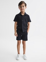 Reiss Navy Robin Slim Fit Textured Drawstring Shorts - Image 1 of 6