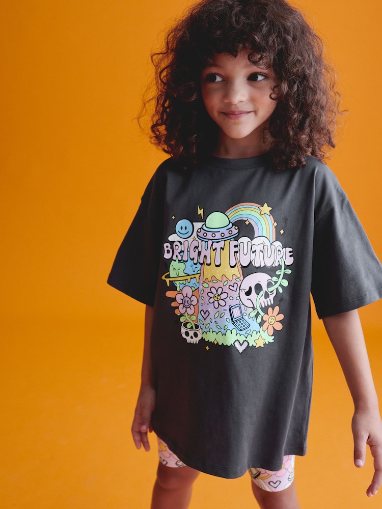 Charcoal Grey Bright Character Oversized T-Shirt and Cycle Shorts Set (3-16yrs) - Image 2 of 7