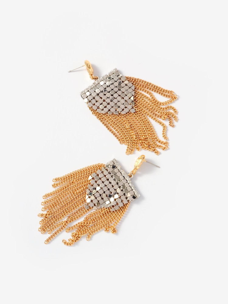Mint Velvet Gold Mixed Metal Fringed Statement Earrings - Image 2 of 3 Mint Velvet Gold Mixed Metal Fringed Statement Earrings - Image 2 of 3