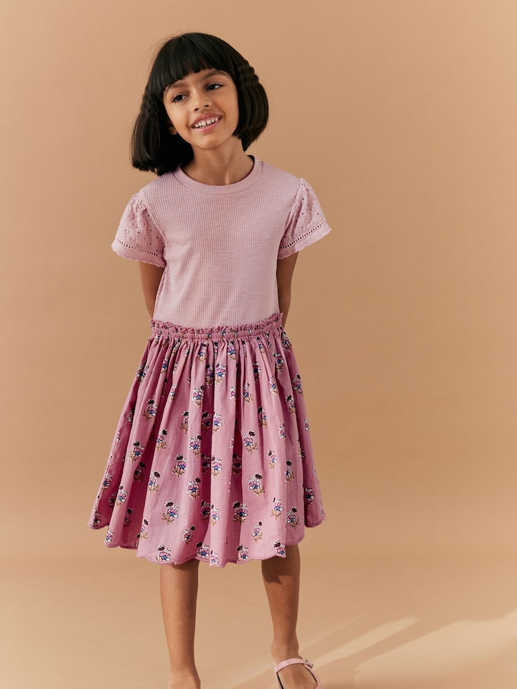 Pink Woodblock Floral 100% Cotton Skirt Dress (3-12yrs) - Image 1 of 6