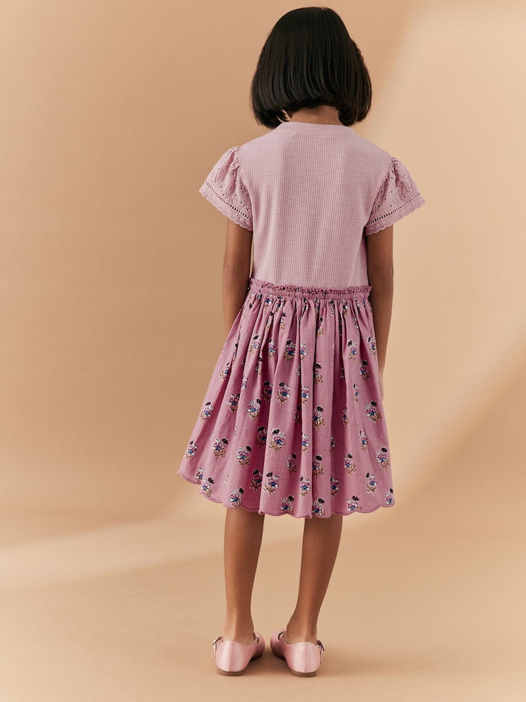 Pink Woodblock Floral 100% Cotton Skirt Dress (3-12yrs) - Image 2 of 6