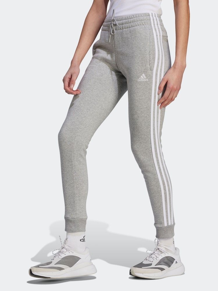 adidas Grey Essentials 3 Stripe Fleece Joggers - Image 1 of 6
