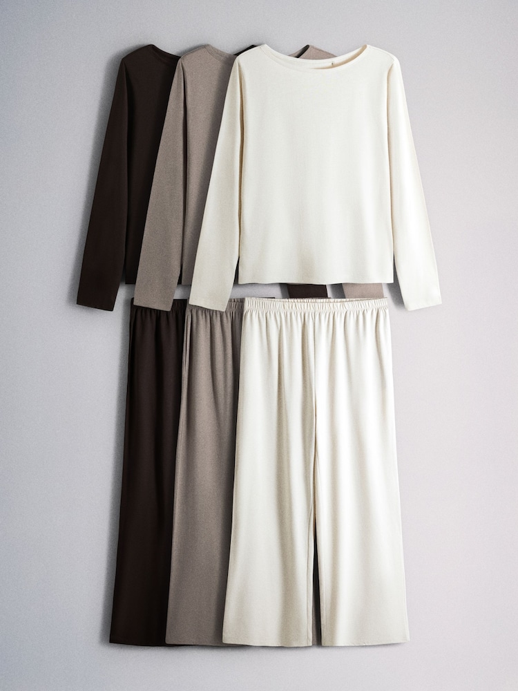 The Set 3 Pack Essentials Long Sleeve Pyjamas Dark Brown/Brown/Light Beige - Image 1 of 9