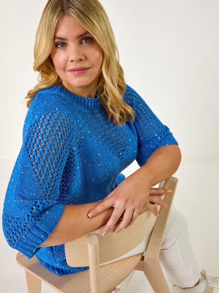 Roman Blue Curve Metallic Diamond Knit Top - Image 1 of 5