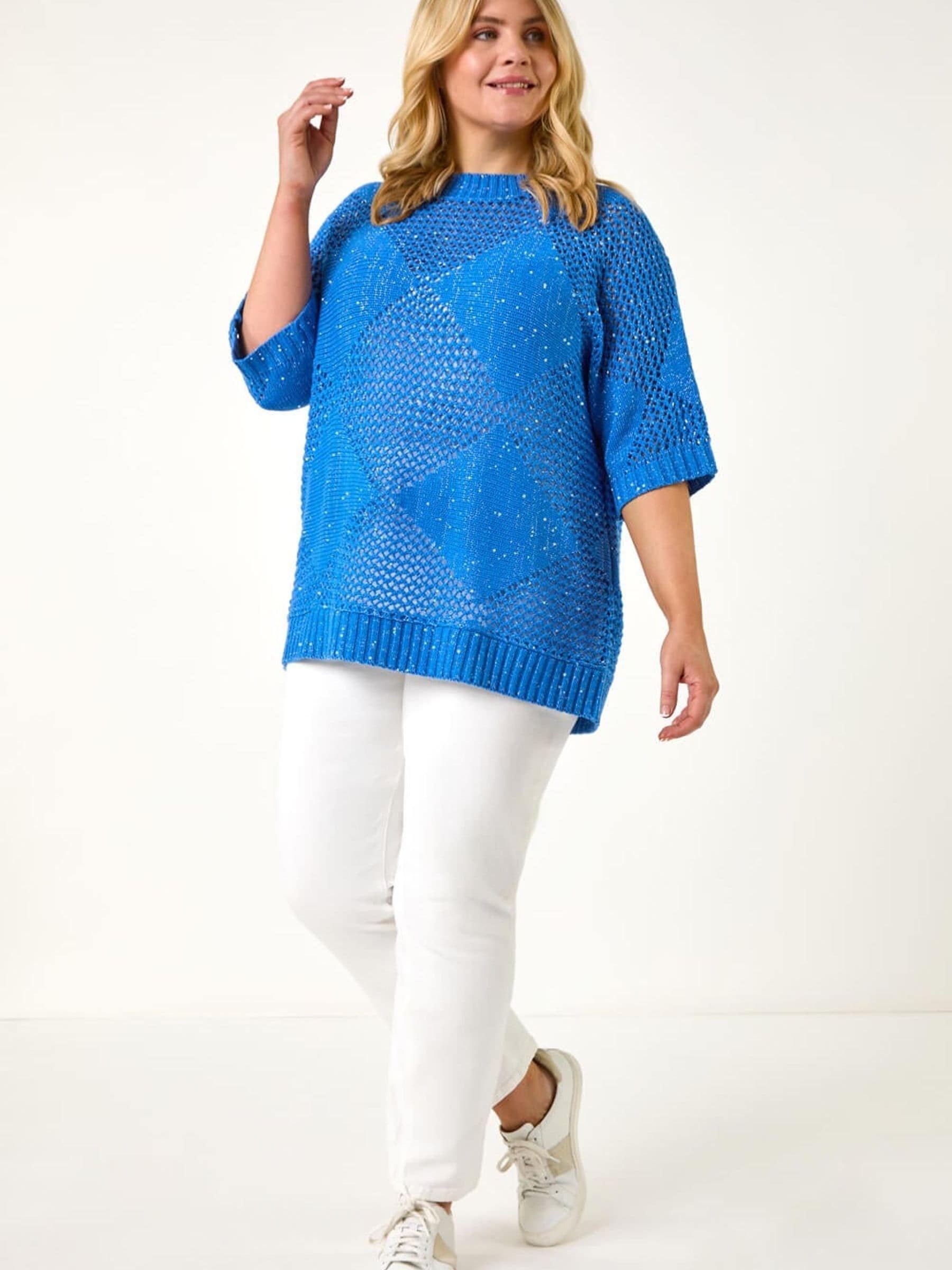 Buy Roman Blue Curve Metallic Diamond Knit Top from Next USA