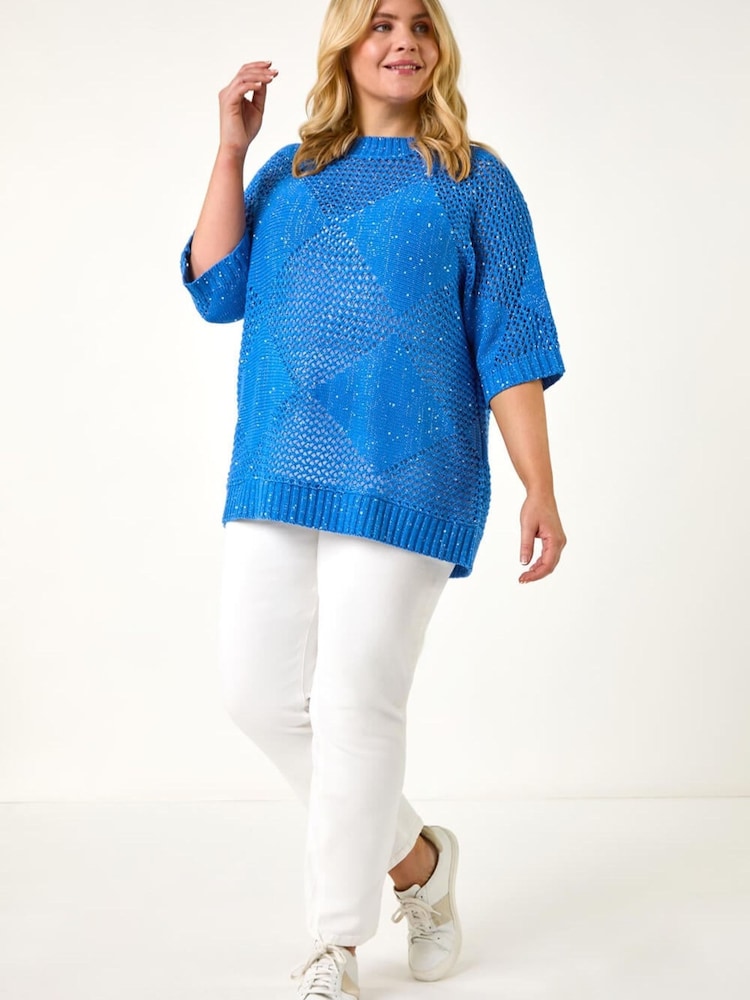 Roman Blue Curve Metallic Diamond Knit Top - Image 2 of 5
