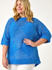 Roman Blue Curve Metallic Diamond Knit Top - Image 4 of 5