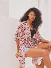 Pink Zebra Print Longline Tie Waist Kimono Cover-Up - Image 2 of 6