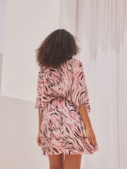 Pink Zebra Print Longline Tie Waist Kimono Cover-Up - Image 3 of 6