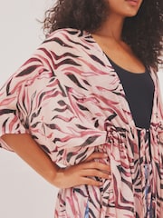 Pink Zebra Print Longline Tie Waist Kimono Cover-Up - Image 4 of 6