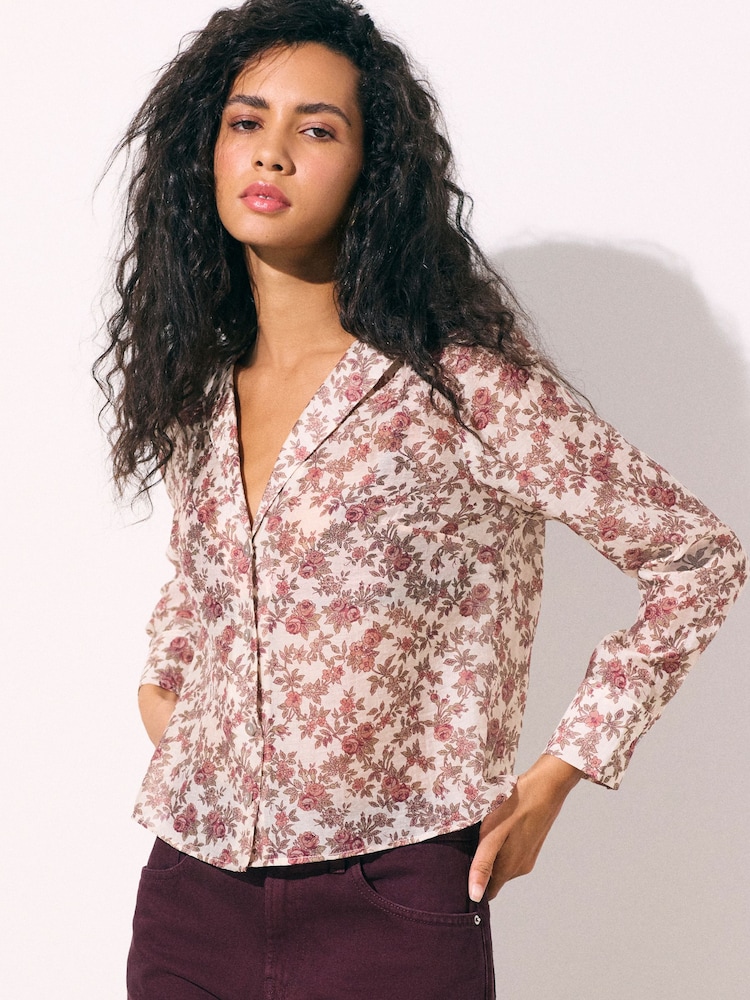 Ecru/Pink Floral Print - Lightweight Revere Collar Long Sleeve Shirt - រូបភាព 1 នៃ 8 Ecru/Pink Floral Print - Lightweight Revere Collar Long Sleeve Shirt - រូបភាព 1 នៃ 8
