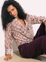 Ecru/Pink Floral Print - Lightweight Revere Collar Long Sleeve Shirt - រូបភាព 3 នៃ 8