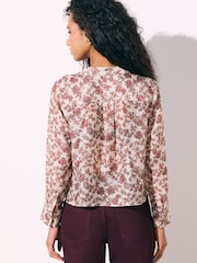 Ecru/Pink Floral Print - Lightweight Revere Collar Long Sleeve Shirt - រូបភាព 4 នៃ 8