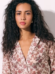 Ecru/Pink Floral Print - Lightweight Revere Collar Long Sleeve Shirt - រូបភាព 5 នៃ 8
