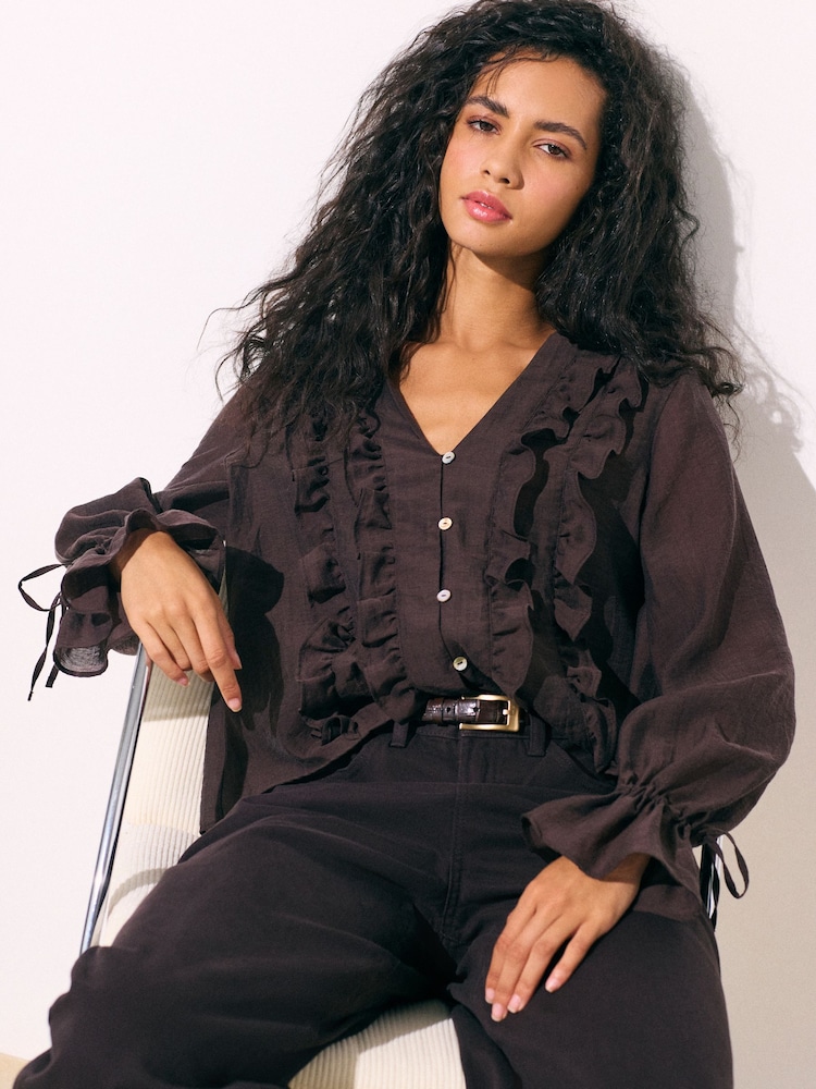Chocolate Brown Ruffle Detail Long Sleeve Blouse - Image 1 of 4 Chocolate Brown Ruffle Detail Long Sleeve Blouse - Image 1 of 4