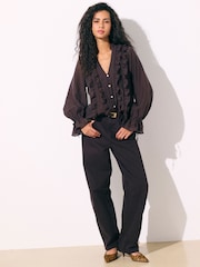 Chocolate Brown Ruffle Detail Long Sleeve Blouse - Image 2 of 4