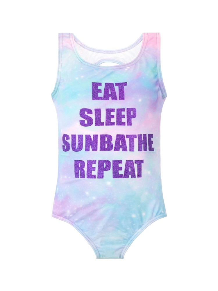 Character Purple Eat Sleep Eat Sleep Sunbathe Repeat Swimsuit - Image 1 of 3 Character Purple Eat Sleep Eat Sleep Sunbathe Repeat Swimsuit - Image 1 of 3