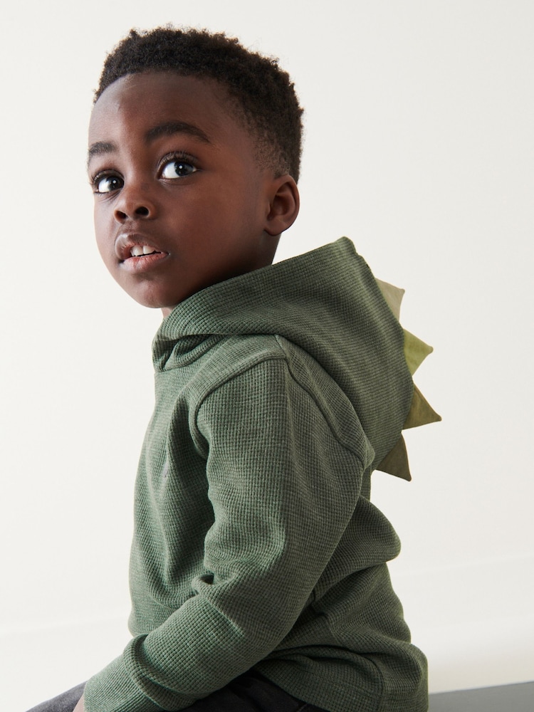 Khaki Green Textured Jersey Dino Spikes Hoodie (3mths-10yrs) - Image 1 of 6