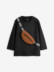 Black/Tan Brown 100% Cotton Long Sleeve Bumbag T-Shirt (3mths-7yrs) - Image 1 of 2