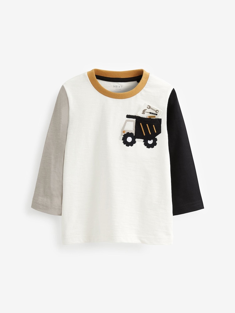 Black/White Truck 100% Cotton Long Sleeve Pocket T-Shirt (3mths-7yrs) - Image 1 of 2