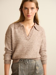 Mole Brown Premium Wool Blend V-Neck Collared Jumper - Image 1 of 7