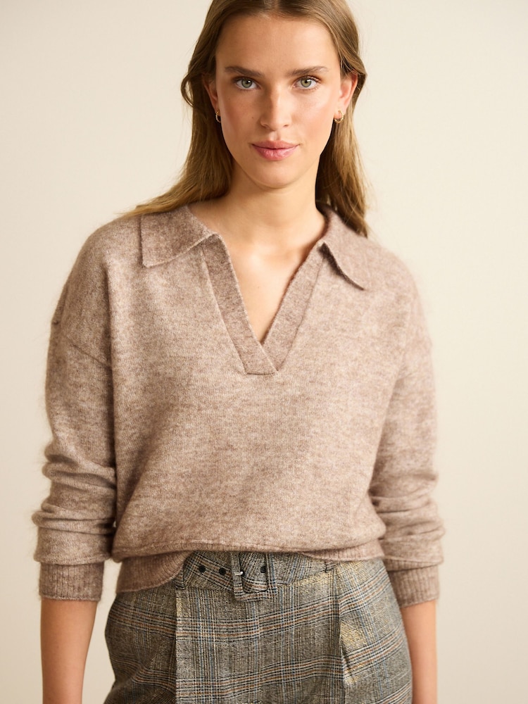 Mole Brown Premium Wool Blend V-Neck Collared Jumper - Image 1 of 7