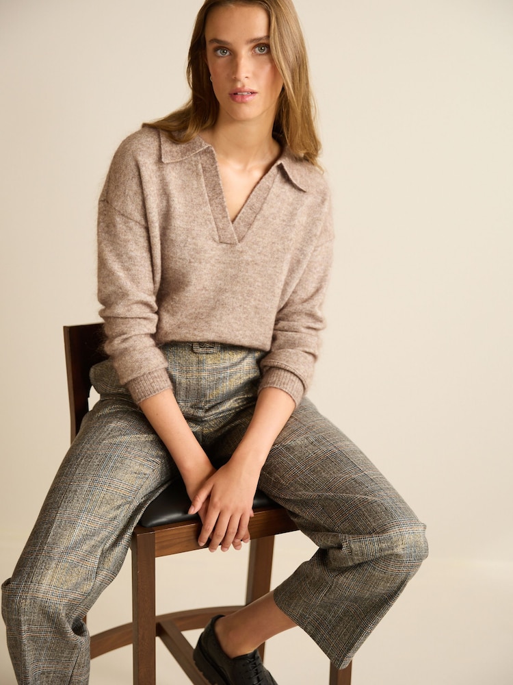 Mole Brown Premium Wool Blend V-Neck Collared Jumper - Image 2 of 7