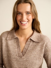 Mole Brown Premium Wool Blend V-Neck Collared Jumper - Image 5 of 7