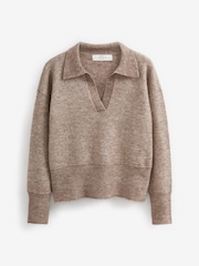 Mole Brown Premium Wool Blend V-Neck Collared Jumper - Image 6 of 7