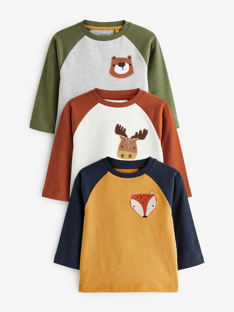 Multi Colour Animal Long Sleeve Character T-Shirts 3 Pack (3mths-7yrs) - Image 1 of 6 Multi Colour Animal Long Sleeve Character T-Shirts 3 Pack (3mths-7yrs) - Image 1 of 6