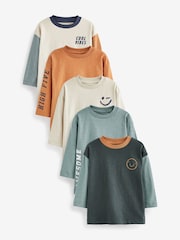 Multi 100% Cotton Slogan Long Sleeve T-Shirts 5 Pack (3mths-7yrs) - Image 1 of 7