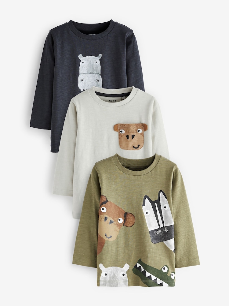 Neutral/Green Animal Long Sleeve Character T-Shirts 3 Pack (3mths-7yrs) - Image 1 of 2 Neutral/Green Animal Long Sleeve Character T-Shirts 3 Pack (3mths-7yrs) - Image 1 of 2