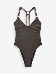 Bronze-Braun glitzernd - ​​​​​​​Badeanzug mit tiefem Ausschnitt und Metallakzent - Bild 6 von 6