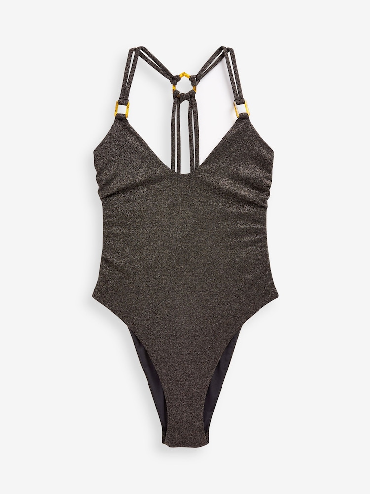 Bronze-Braun glitzernd - ​​​​​​​Badeanzug mit tiefem Ausschnitt und Metallakzent - Bild 6 von 6